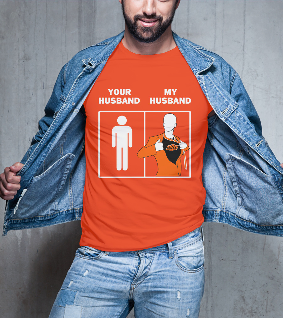 Oklahoma State Cowboys Your Husband My Husband OSU Logo Superhero Orange Suit T-Shirt