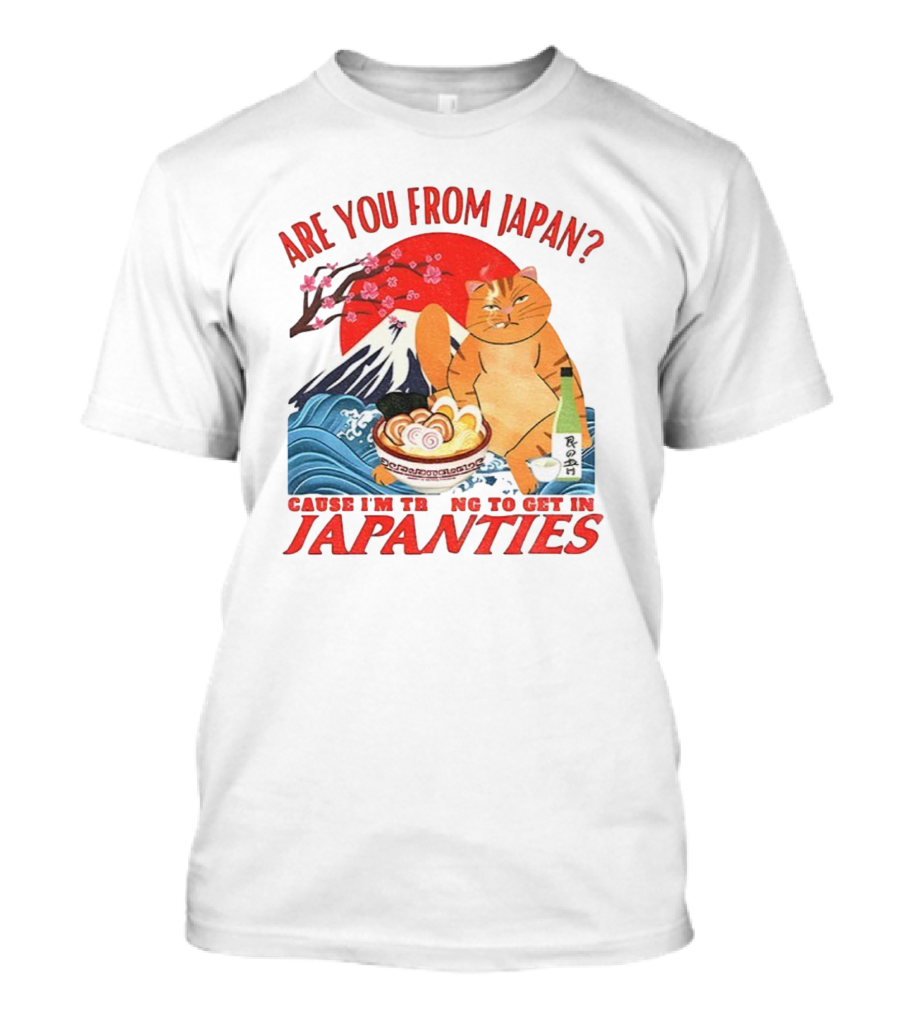 Are You From Japan Funny Cat Japanties Sushi Mt. Fuji Background T-Shirt