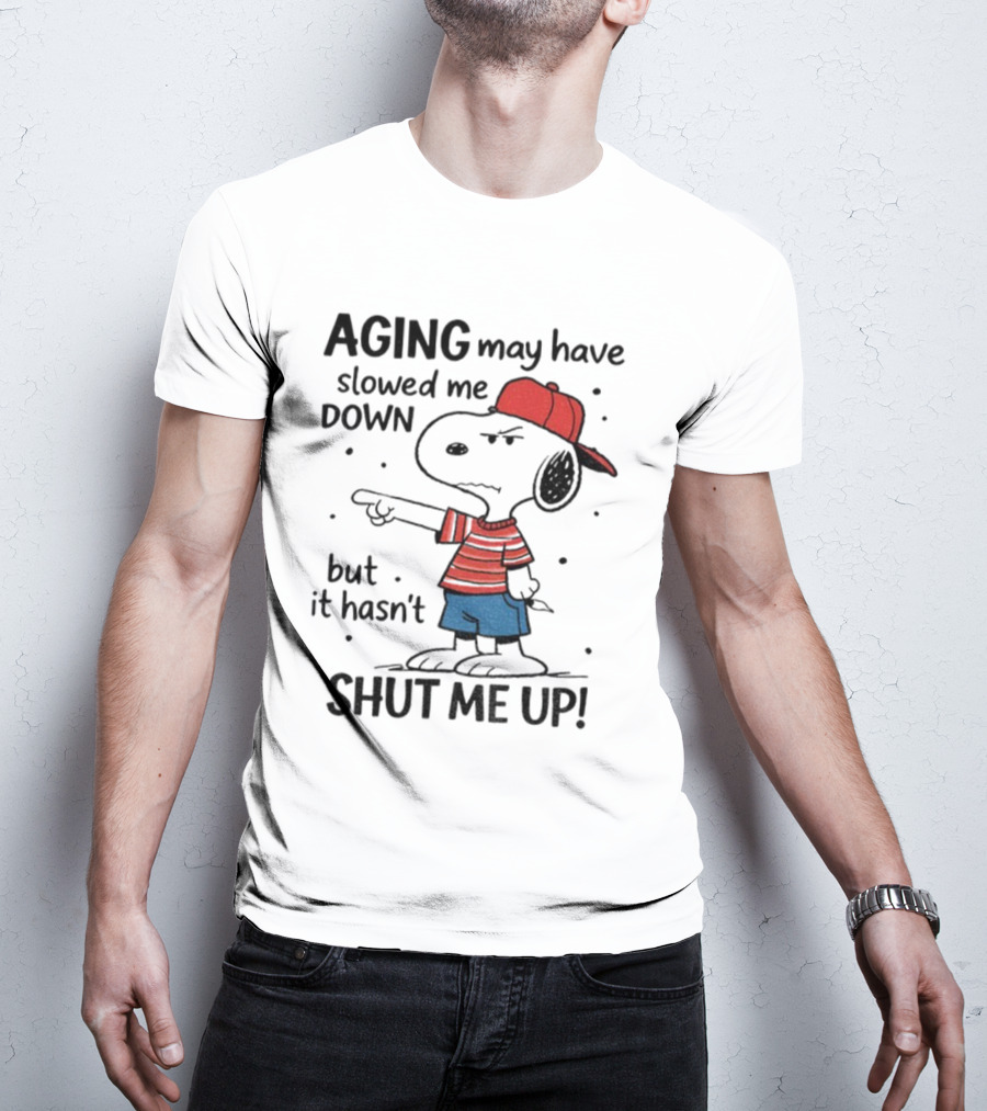 Snoopy Aging May Have Slowed Me Down But It Hasn't Shut Me Up Red Hat Striped Blue Shorts T-Shirt