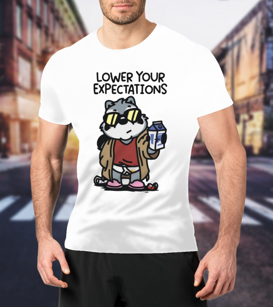 Lower Your Expectations Cartoon Character With Sunglasses And Milk Carton T-Shirt