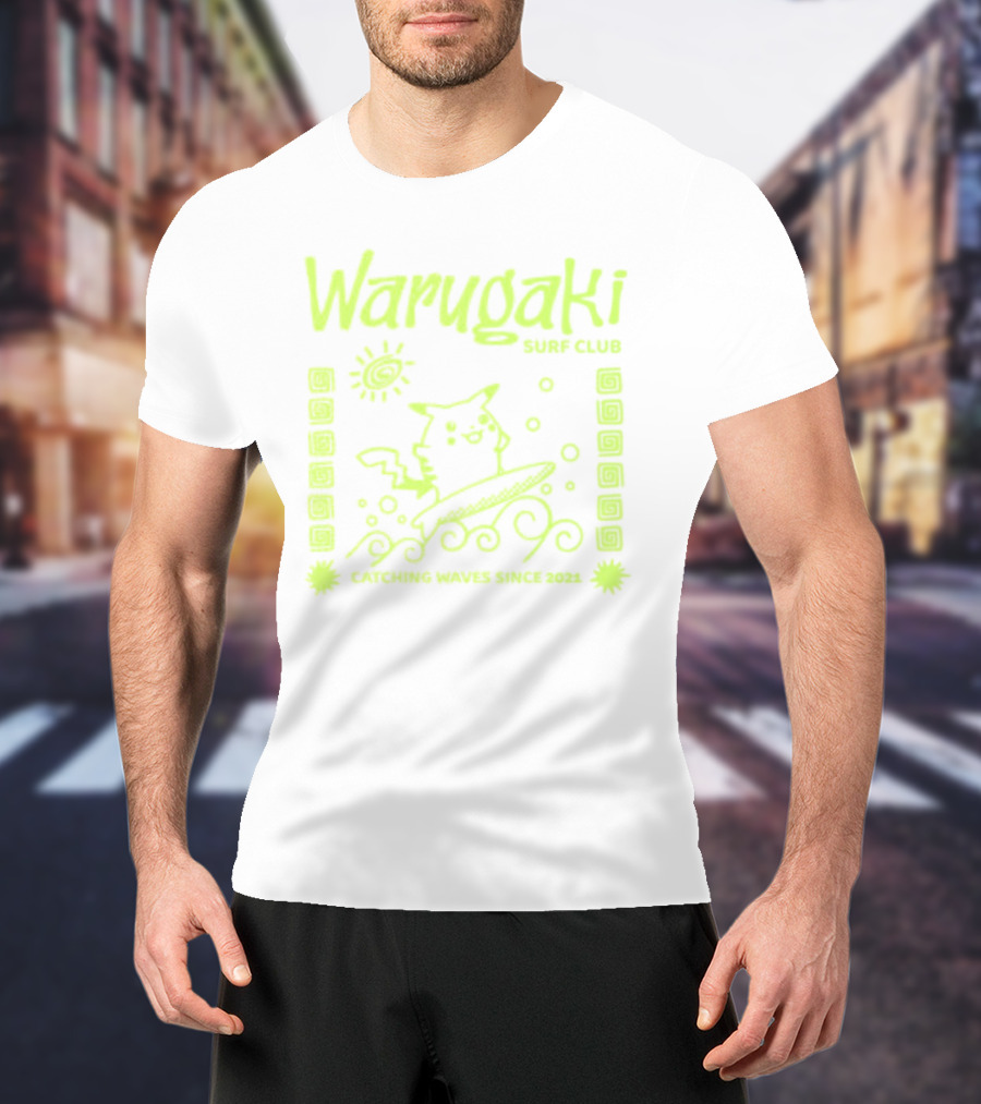 Warugaki Surf Club Pikachu Surfing Illustration Sun And Waves T-Shirt