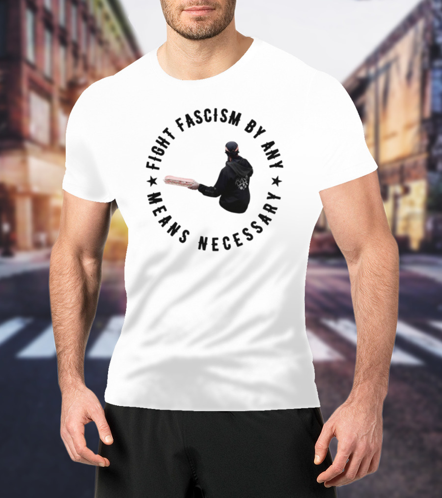 Fight Fascism By Any Means Necessary Red Bat Masked Figure T-Shirt