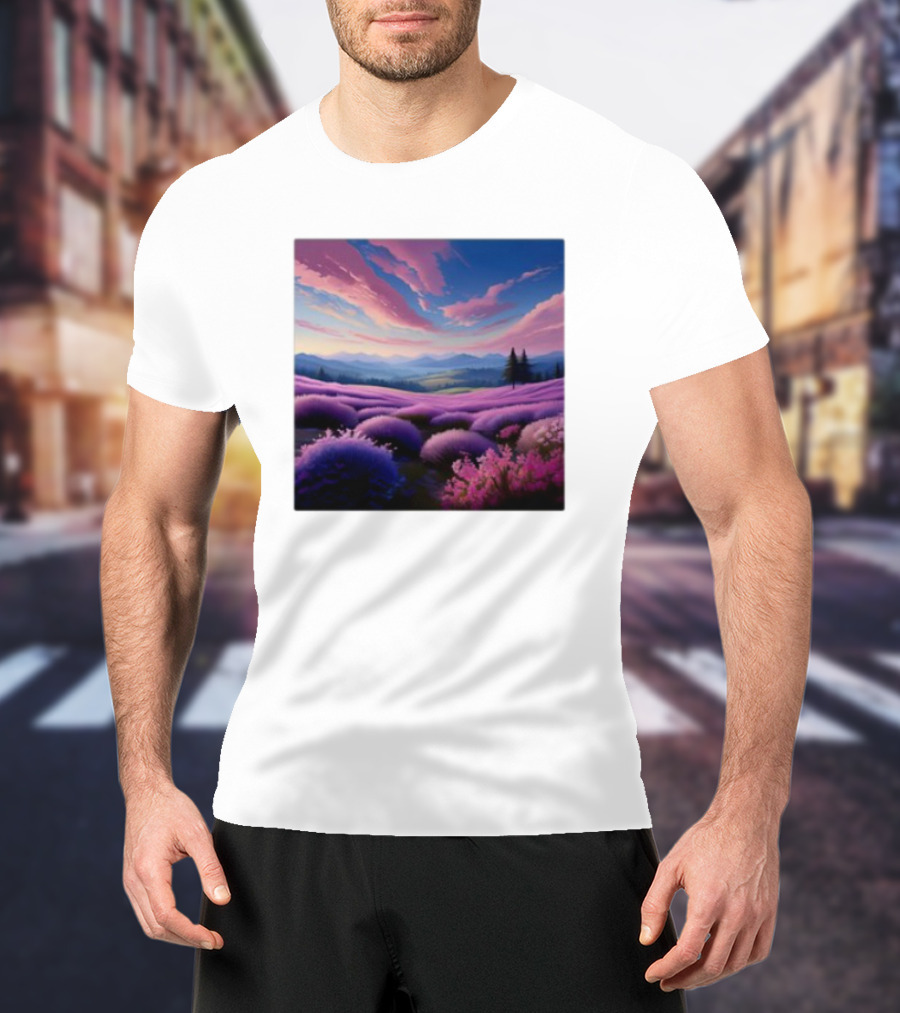 Her Radiant Bloom Lavender Sunset Landscape With Pink And Purple Sky T-Shirt