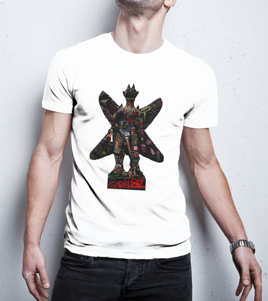 Gorillaz Iconic Pazuzu Figure With Music And Cultural Symbols T-Shirt