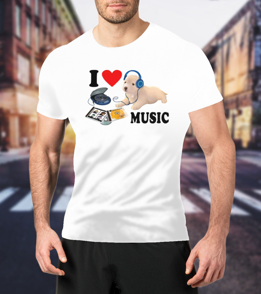 I Love Music Dog Headphones CD Player Album Puppy T-Shirt