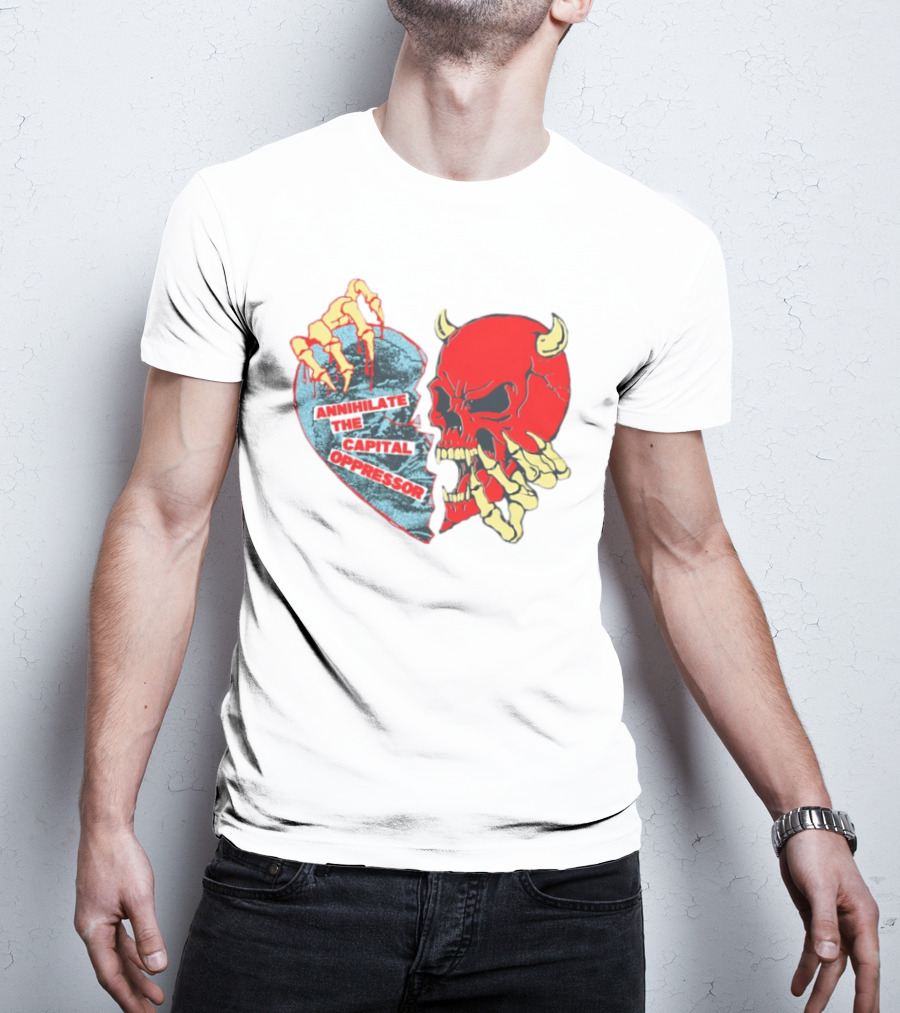 Annihilate The Capital Oppressor Red Skull And Skeleton Heart Design T-Shirt