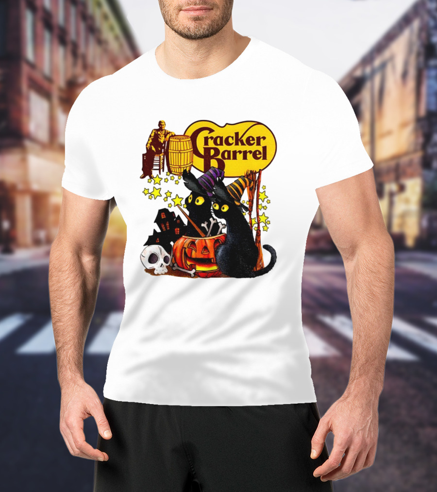 Cracker Barrel Halloween 2025 Black Cat Witches Pumpkin Stars Skulls T-Shirt