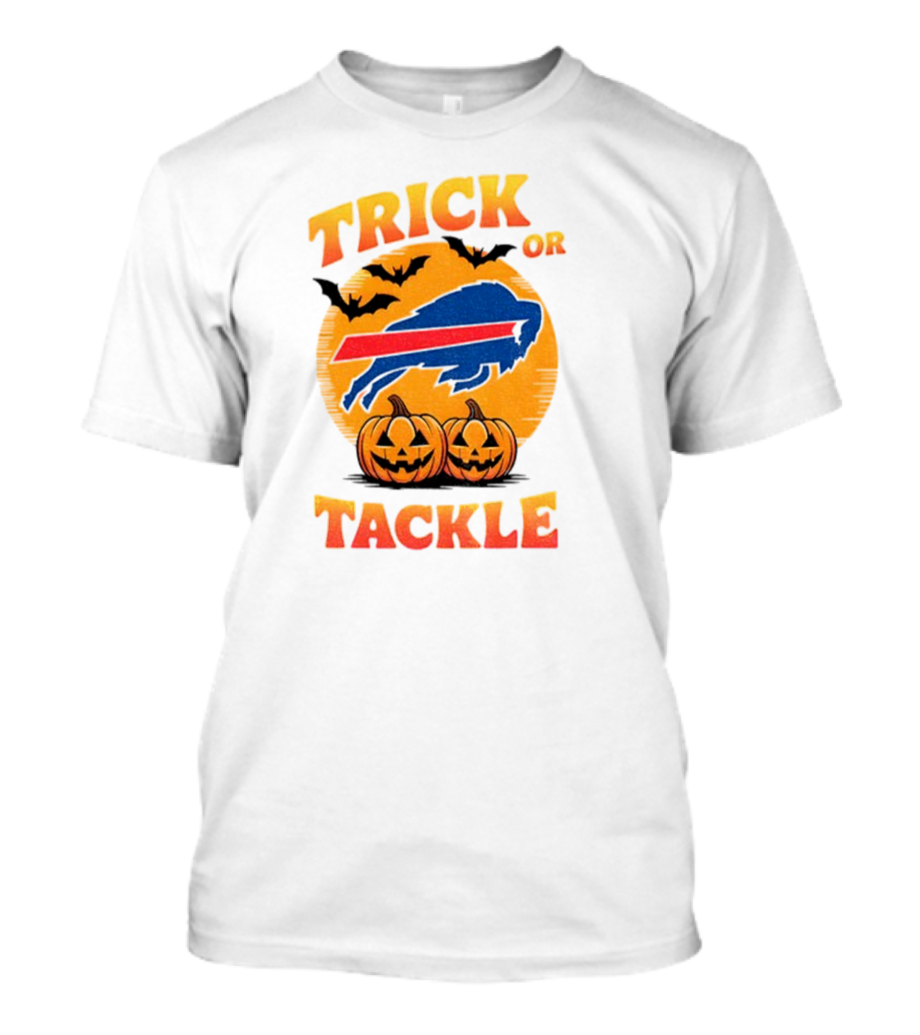 Buffalo Bills Trick Or Tackle Halloween Pumpkins And Bats T-Shirt