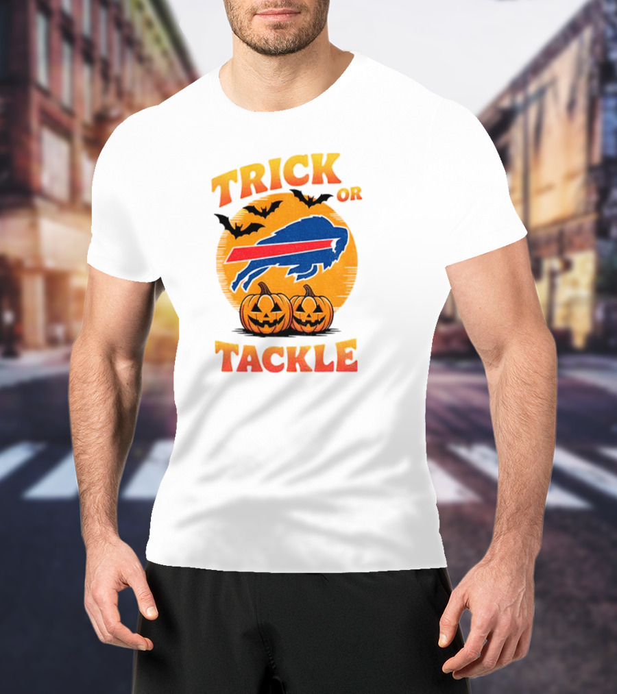 Buffalo Bills Trick Or Tackle Halloween Pumpkins And Bats T-Shirt