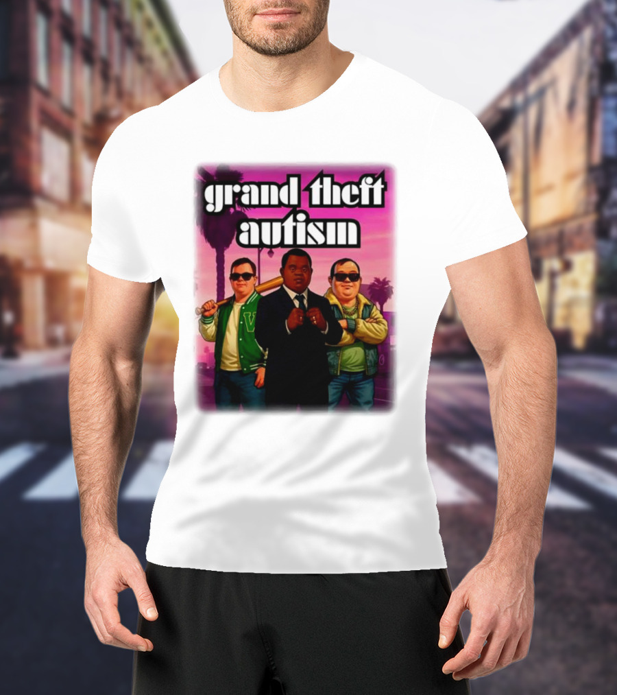 Grand Theft Autism Characters In Iconic Urban Setting T-Shirt