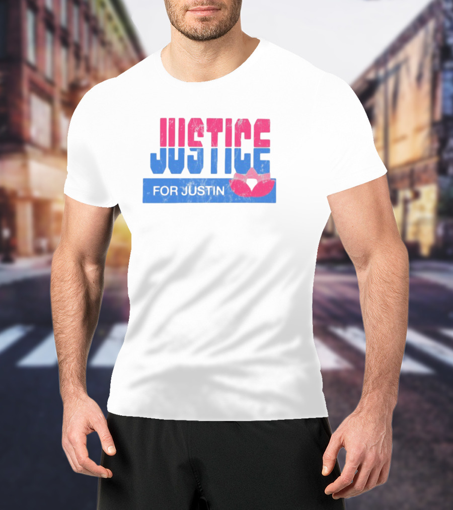 Justice For Justin LGBTQ Pride Pink And Blue Bold Text With Heart Symbol T-Shirt