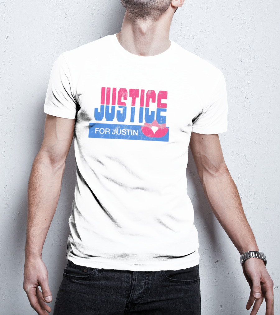 Justice For Justin LGBTQ Pride Pink And Blue Bold Text With Heart Symbol T-Shirt