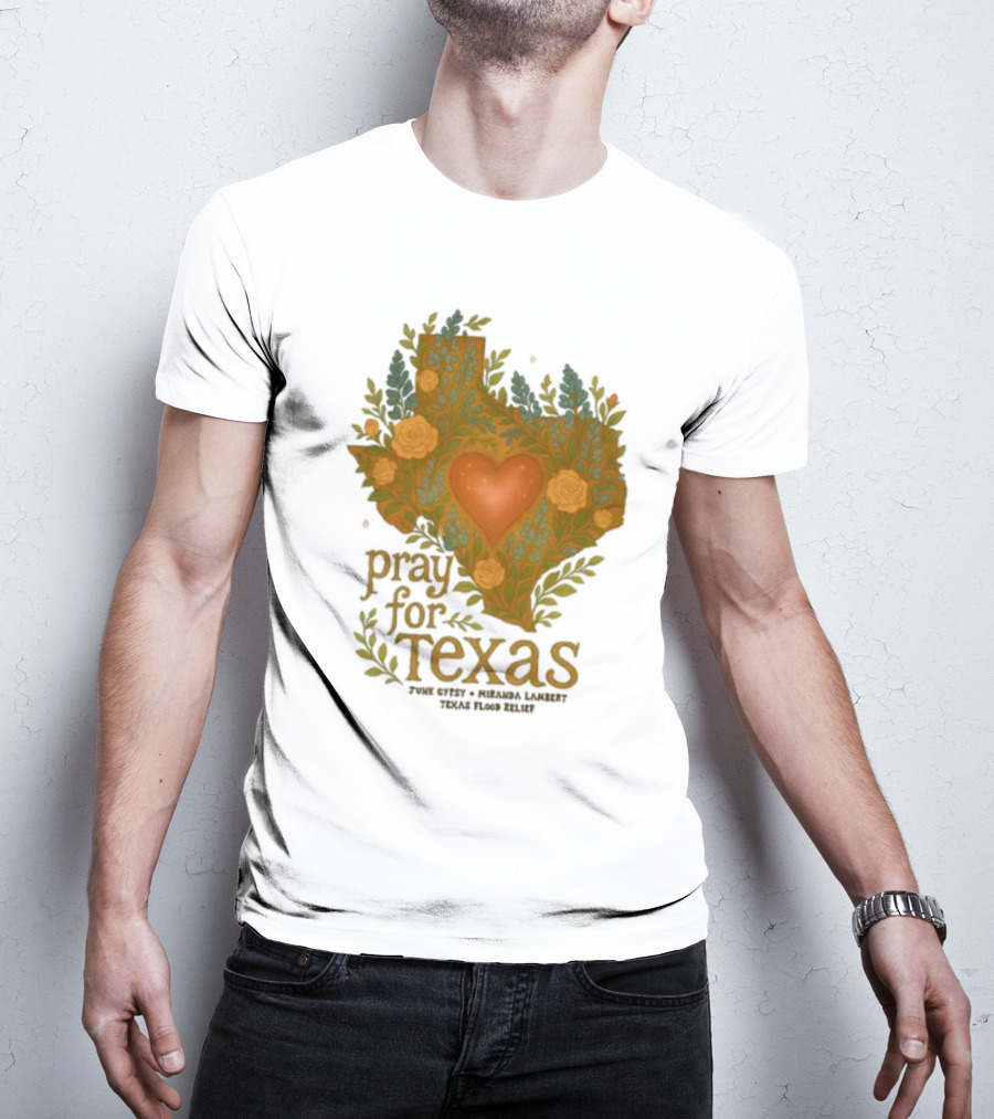 Pray For Texas Flood Relief Heart And Floral Pattern T-Shirt