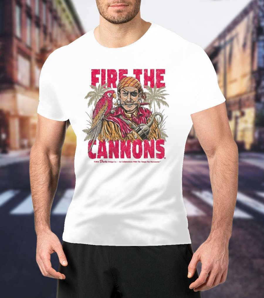Fire The Cannons Buccaneers Pirate Parrot Palm Trees T-Shirt