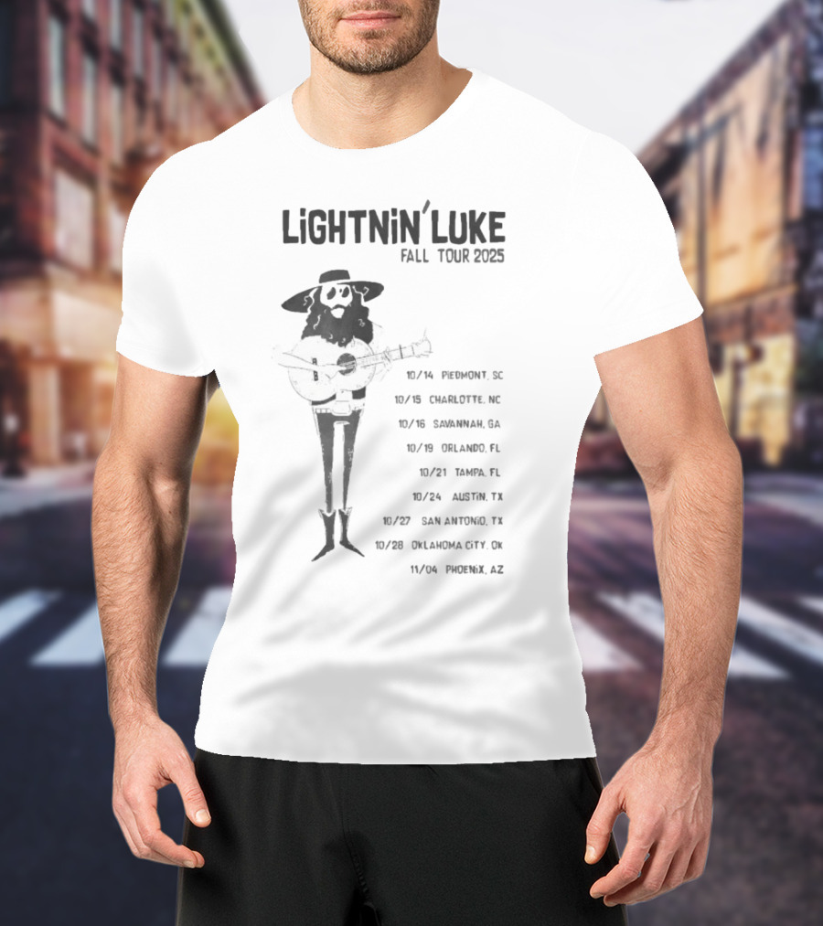 Lightnin’ Luke Fall Tour 2025 With Dates In Pendleton Charlotte Savannah Orlando Tampa Austin San Antonio Oklahoma City Phoenix T-Shirt