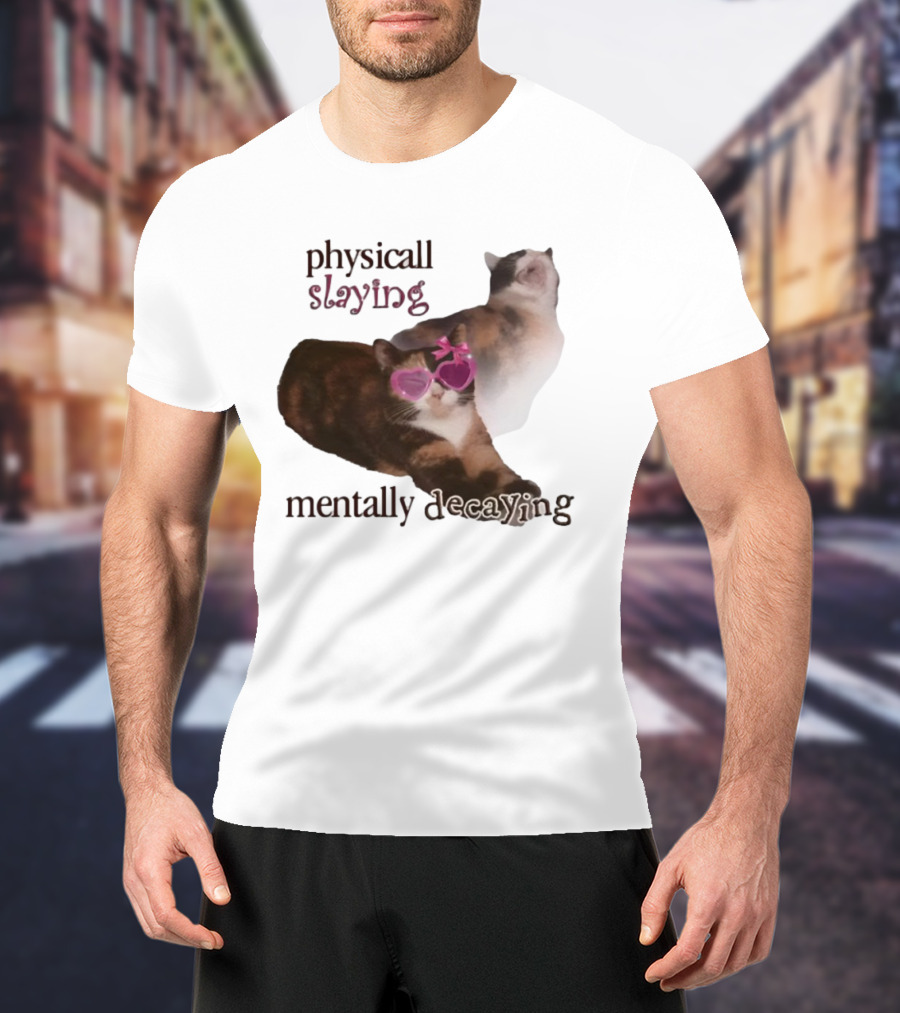 ```Snazzyseagull Physically Slaying Mentally Decaying Cat With Pink Heart Sunglasses``` T-Shirt