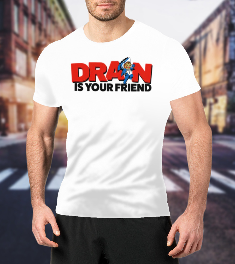 Drain Kewpie Friend In Red Block Letters With Cartoon Character T-Shirt