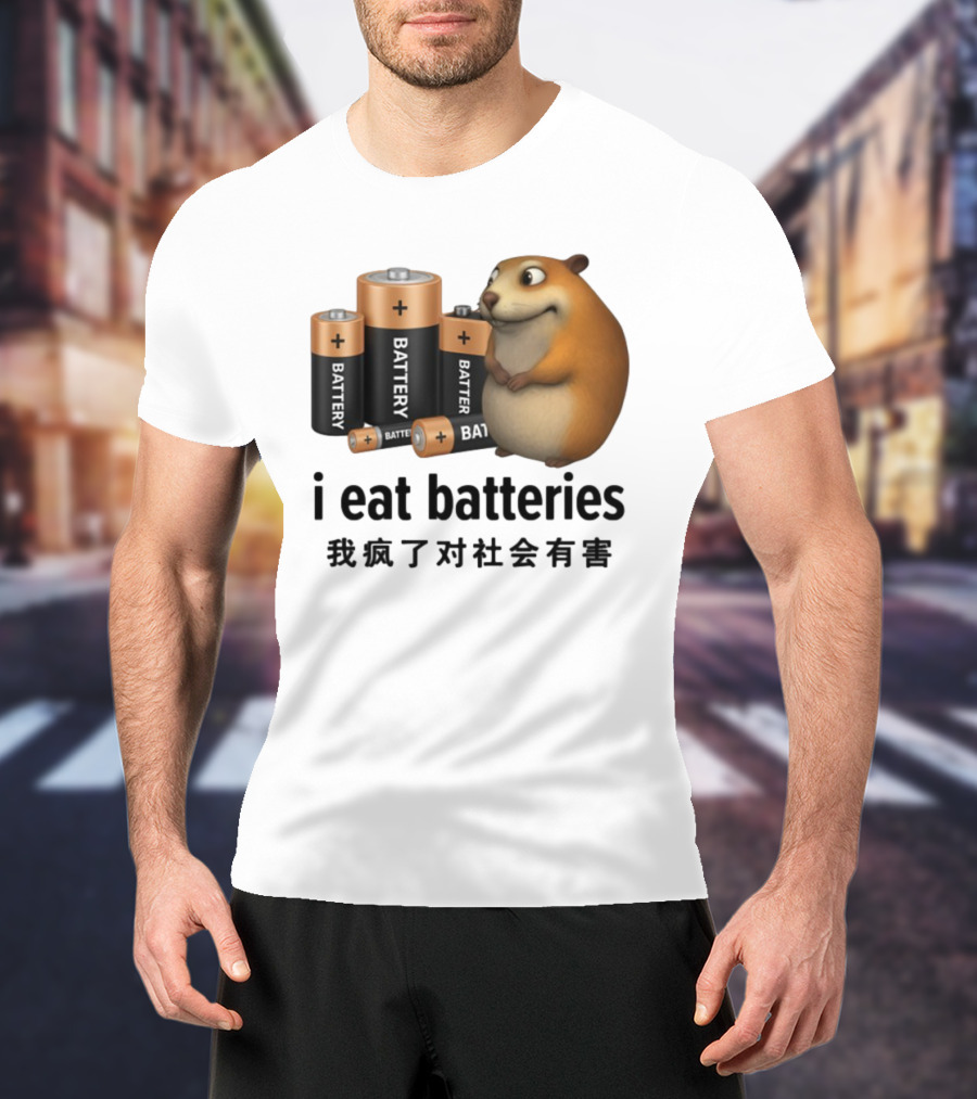 I Eat Batteries Funny Cartoon Hamster Chinese Text T-Shirt
