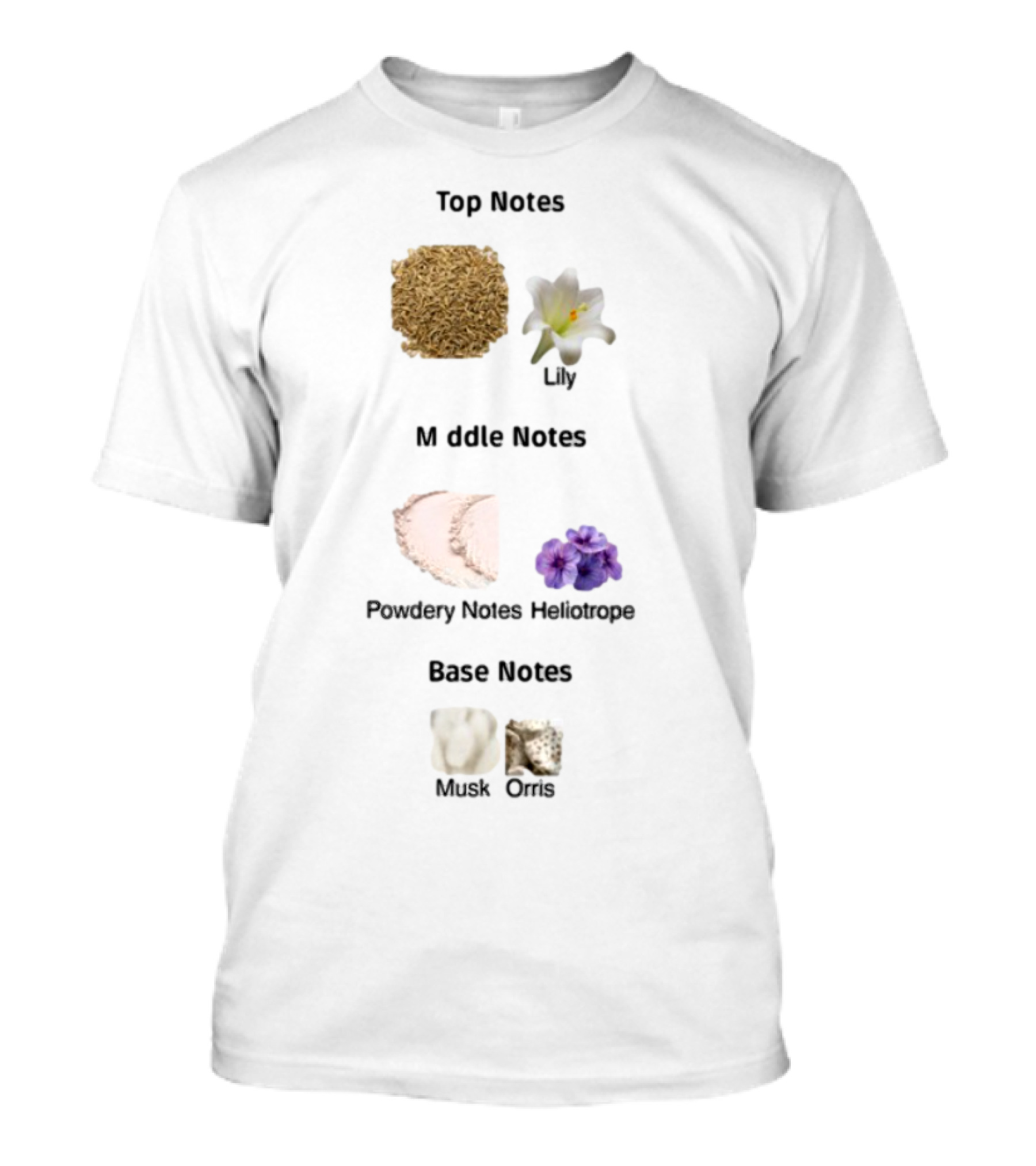 Top Notes Cumin Lily Middle Notes Powdery Heliotrope Base Notes Musk Orris T-Shirt