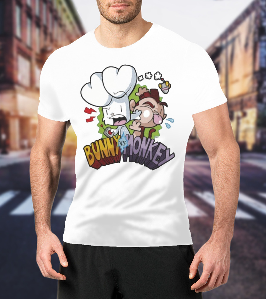 Bunny Vs Monkey Cartoon Rivalry Comic Style T-Shirt