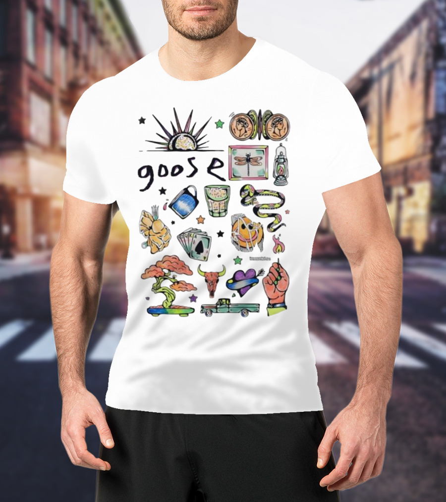 Goose Psychedelic Sunrise And Nature Symbols With Playing Cards Art T-Shirt