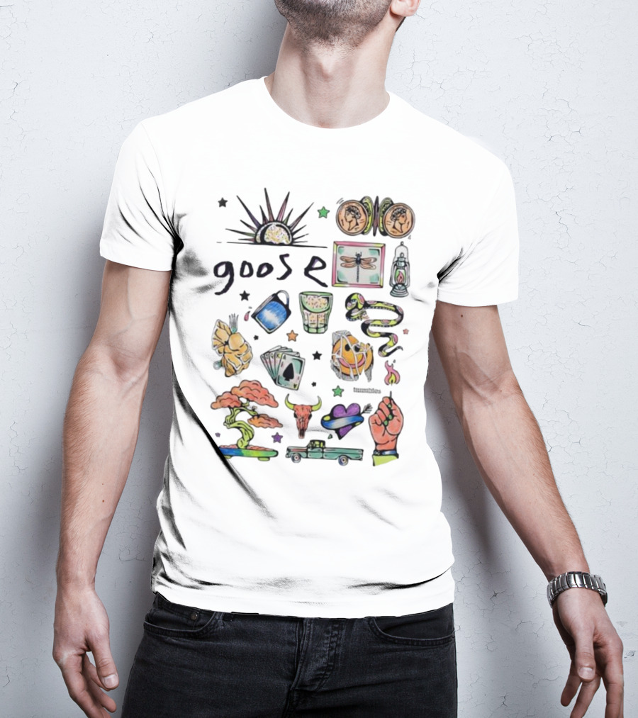 Goose Psychedelic Sunrise And Nature Symbols With Playing Cards Art T-Shirt