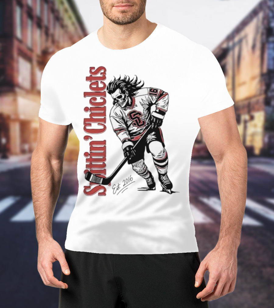 Spittin Chiclets Skullet Skeleton Player Hockey Est 2016 T-Shirt