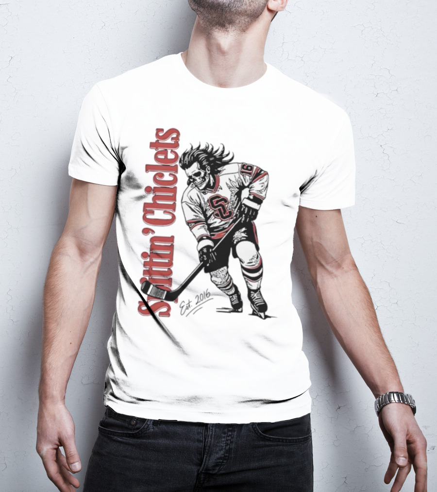 Spittin Chiclets Skullet Skeleton Player Hockey Est 2016 T-Shirt