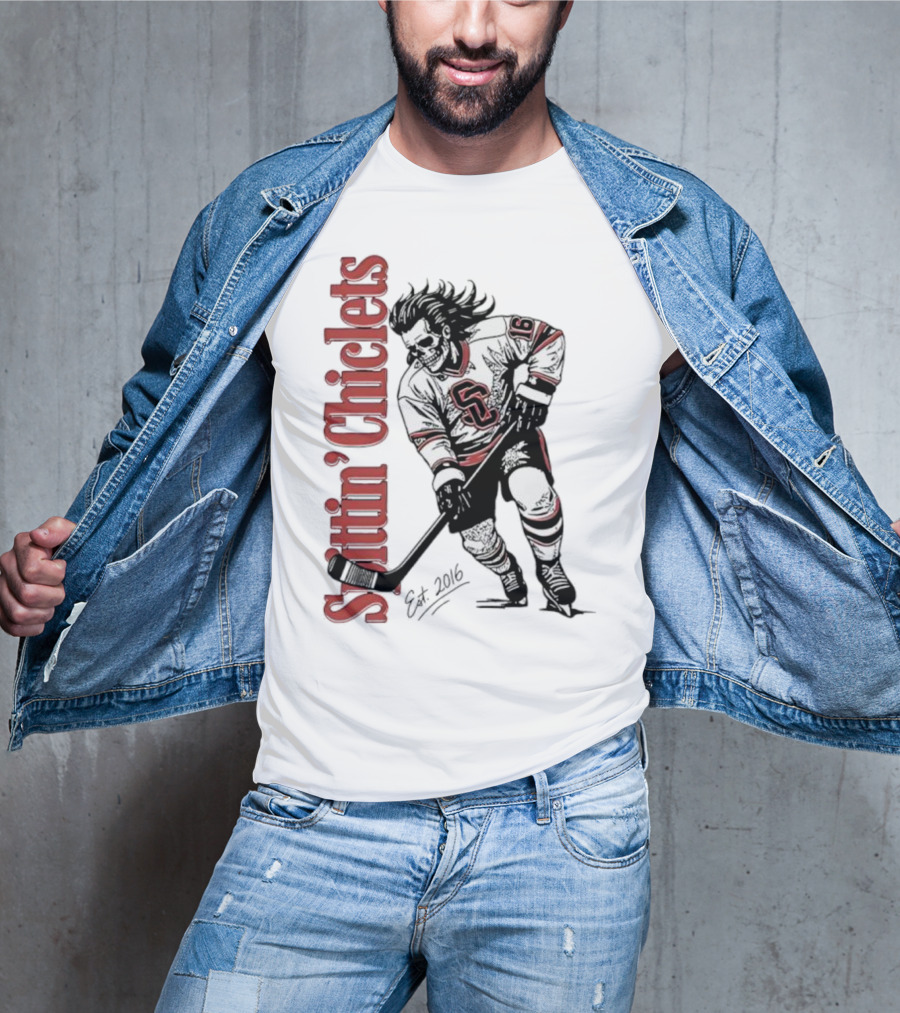 Spittin Chiclets Skullet Skeleton Player Hockey Est 2016 T-Shirt