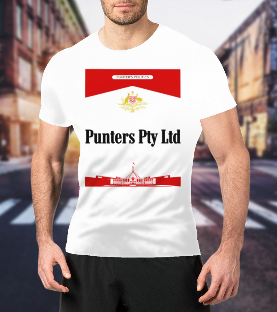 Punter's Lobbyist Uniform Australia's Parliament House Silhouette Red And Gold Emblem T-Shirt