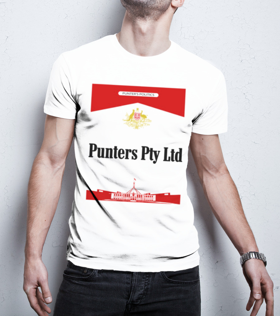 Punter's Lobbyist Uniform Australia's Parliament House Silhouette Red And Gold Emblem T-Shirt