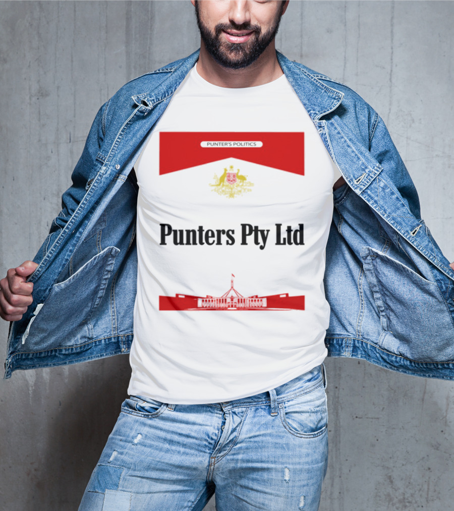 Punter's Lobbyist Uniform Australia's Parliament House Silhouette Red And Gold Emblem T-Shirt