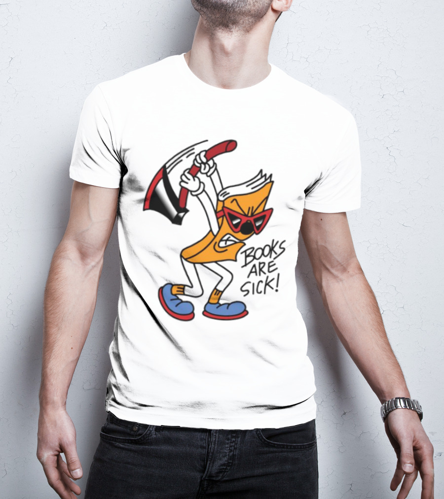 Nick Parry Axed Books Are Sick Animated Character With Pickaxe Sunglasses And Sneakers T-Shirt