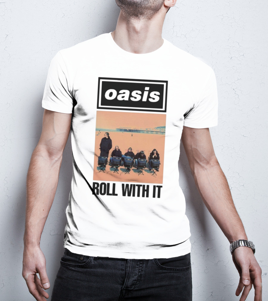 Oasis Roll With It Single Beach Scene Retro Style T-Shirt
