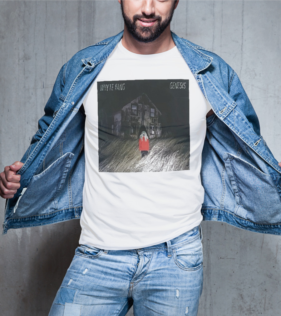 Whyte Fang Genesis Album Cover Creepy House And Figure In Red Jacket T-Shirt
