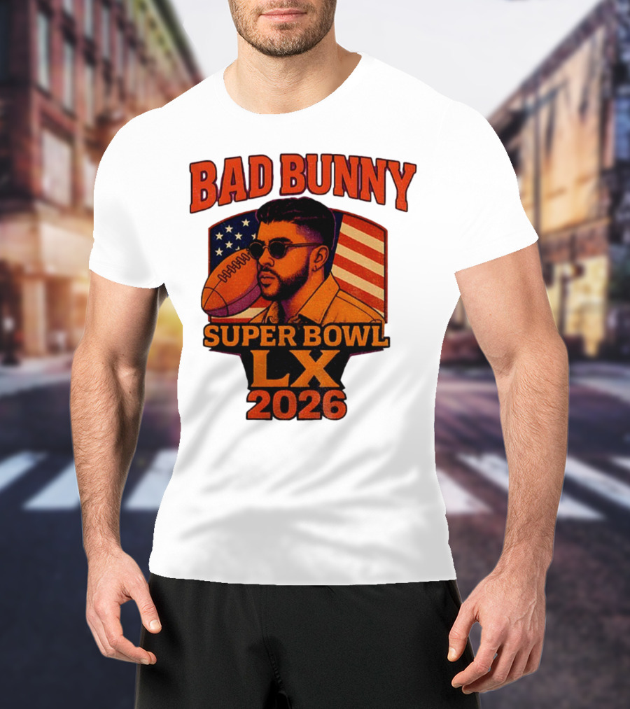 Bad Bunny Super Bowl LX 2026 American Flag Football Graphic T-Shirt