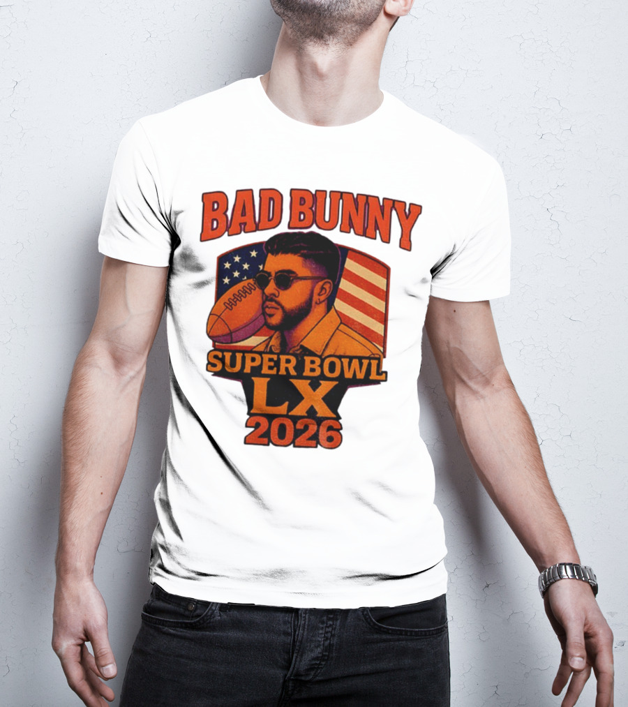 Bad Bunny Super Bowl LX 2026 American Flag Football Graphic T-Shirt