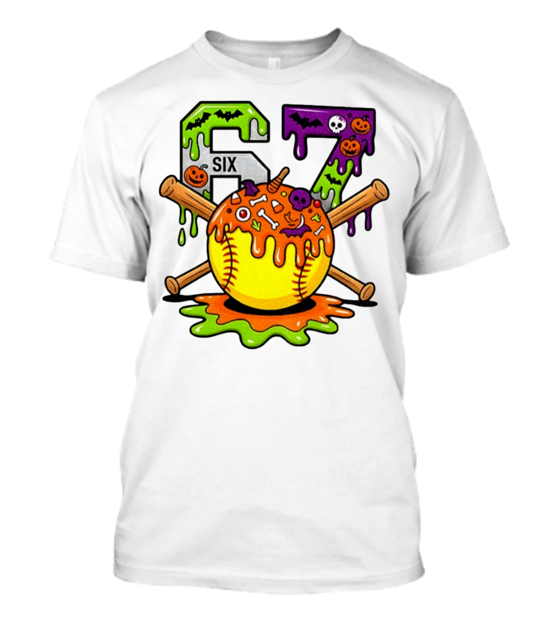 Halloween Softball 67 Six Seven Dripping Bats Pumpkins Bones Skull T-Shirt