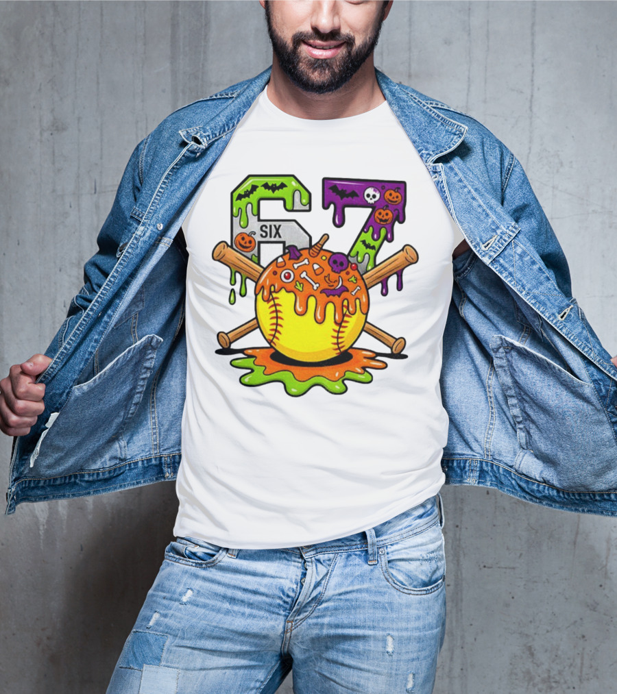 Halloween Softball 67 Six Seven Dripping Bats Pumpkins Bones Skull T-Shirt