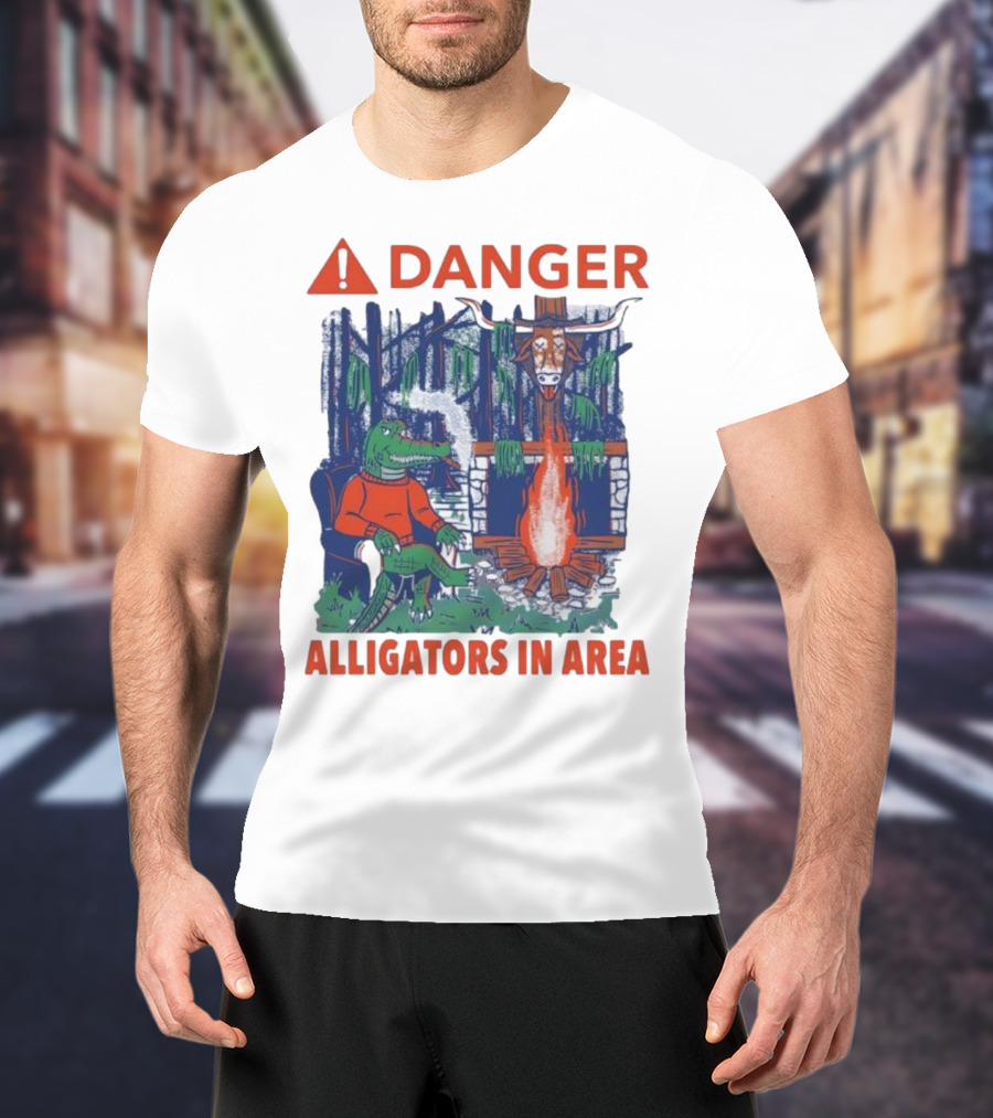 Danger Alligators In Area Florida Gators Texas Longhorns Campfire Warning T-Shirt