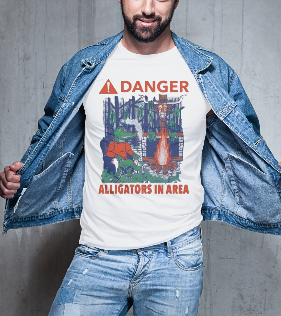 Danger Alligators In Area Florida Gators Texas Longhorns Campfire Warning T-Shirt