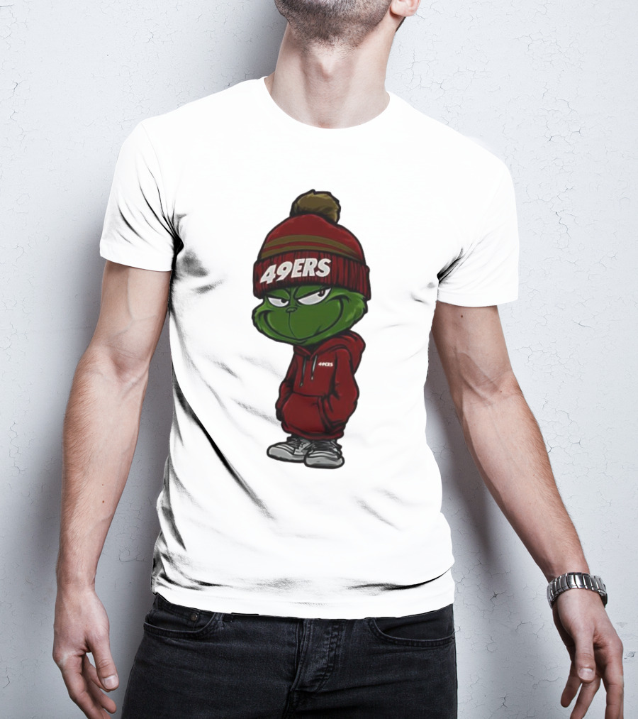 Grinch Wearing 49ers Beanie And San Francisco Football Crossover T-Shirt