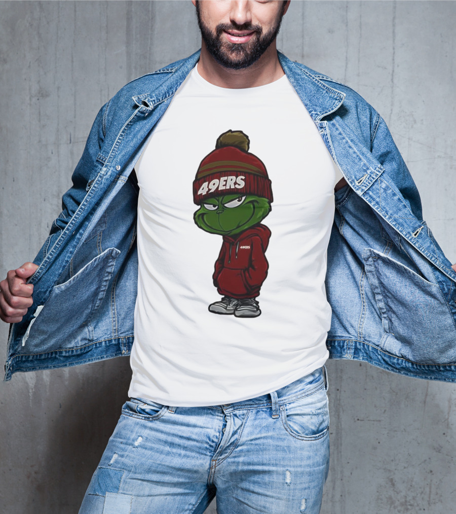 Grinch Wearing 49ers Beanie And San Francisco Football Crossover T-Shirt