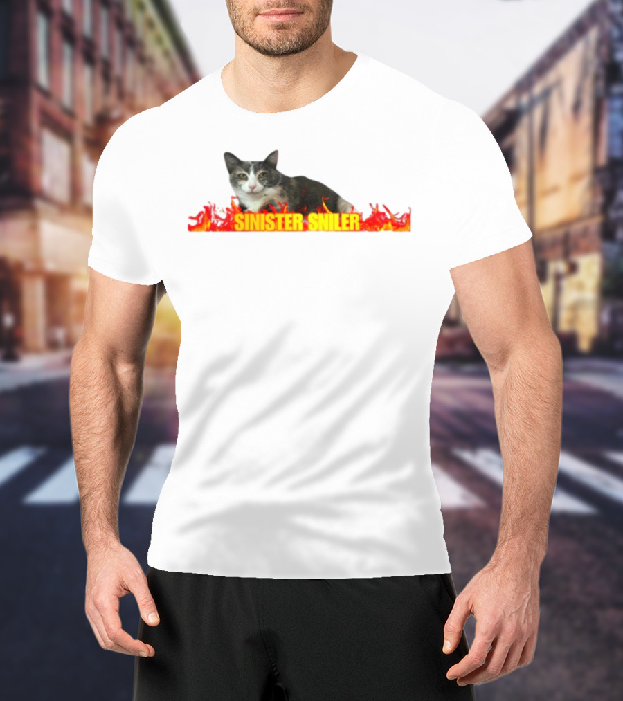 Sinister Sniler Cat With Flames Image T-Shirt