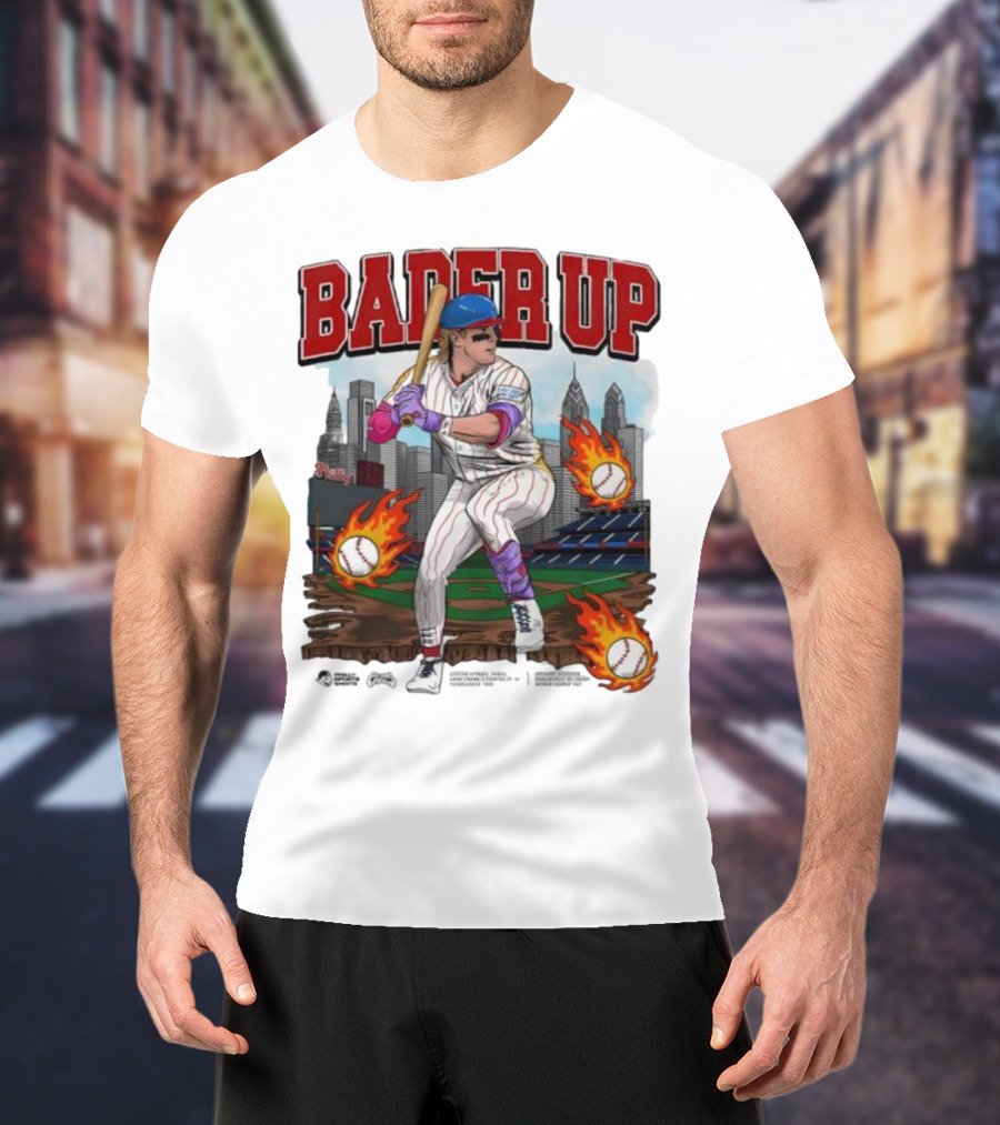 Bader Up Baseball Player Philadelphia Skyline And Flaming Baseballs T-Shirt