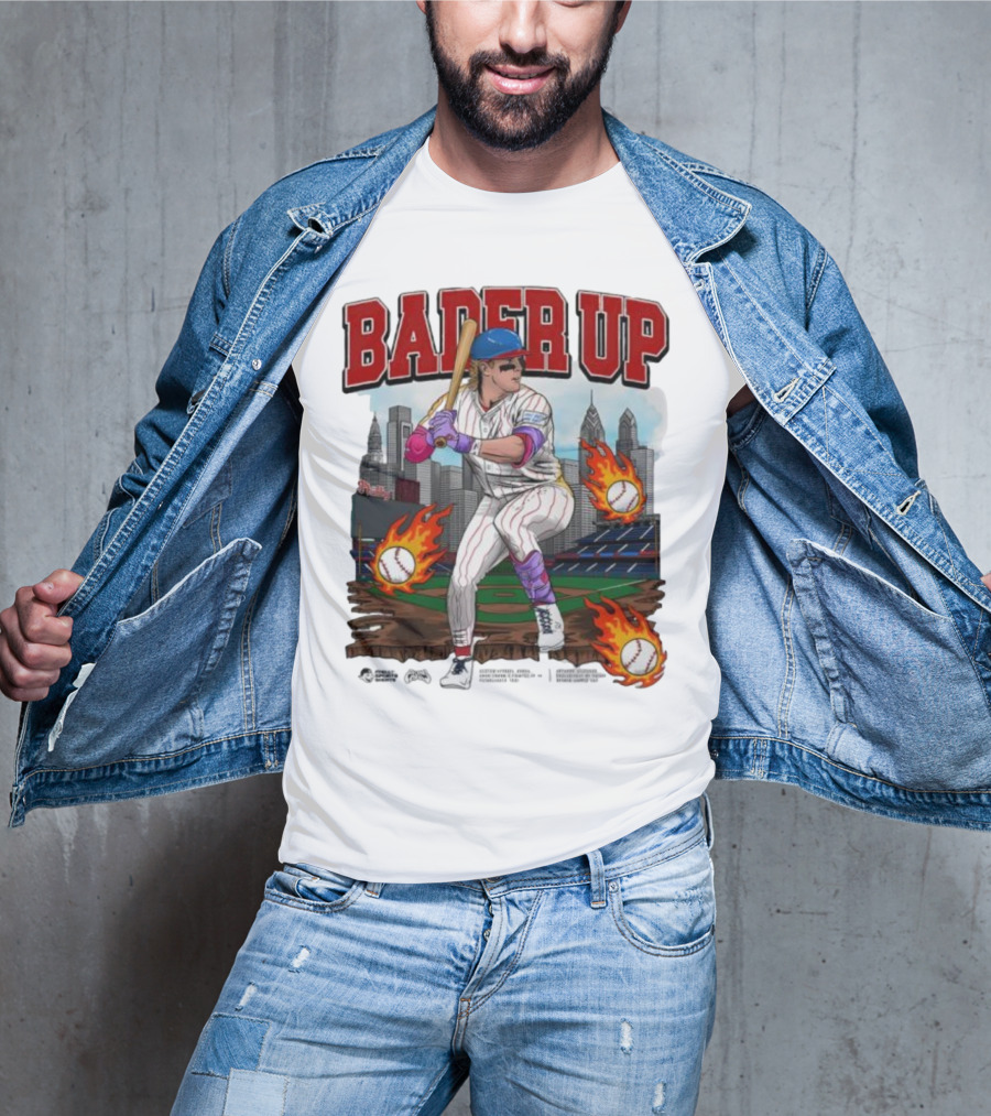 Bader Up Baseball Player Philadelphia Skyline And Flaming Baseballs T-Shirt