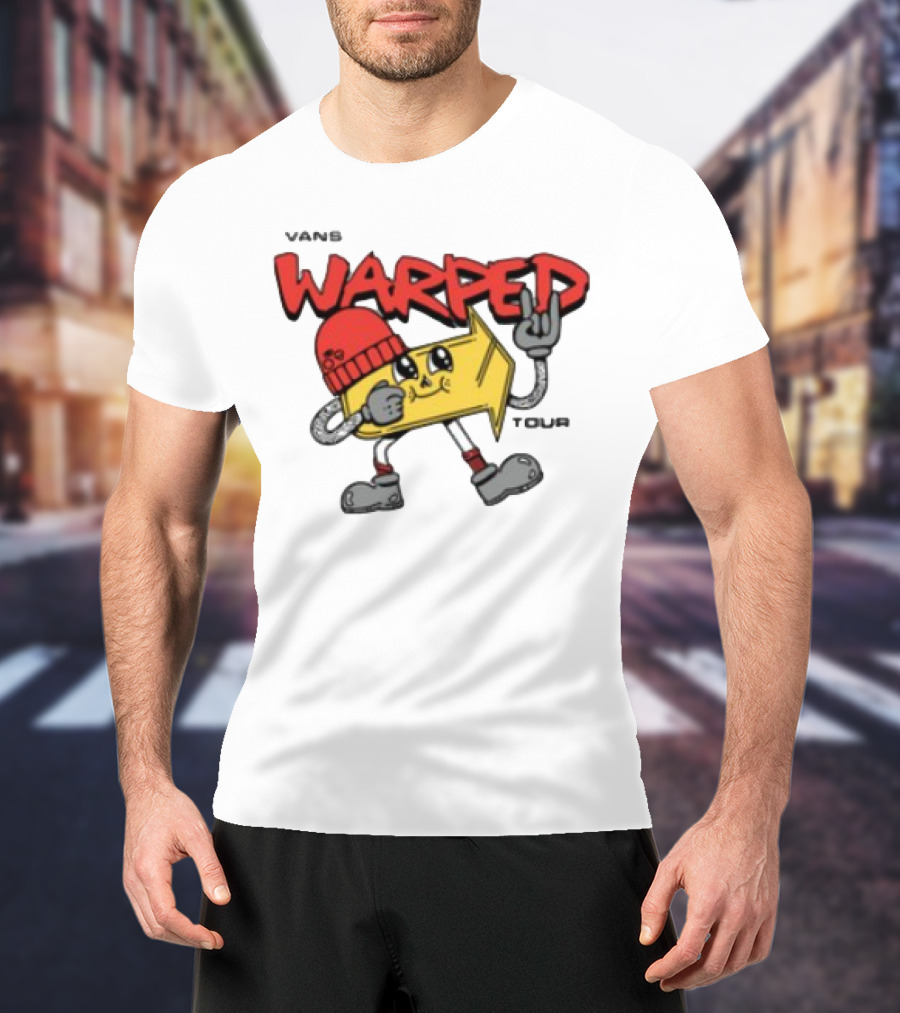 Vans Warped Tour Yellow Arrow Mascot With Red Beanie And Rock Gesture T-Shirt
