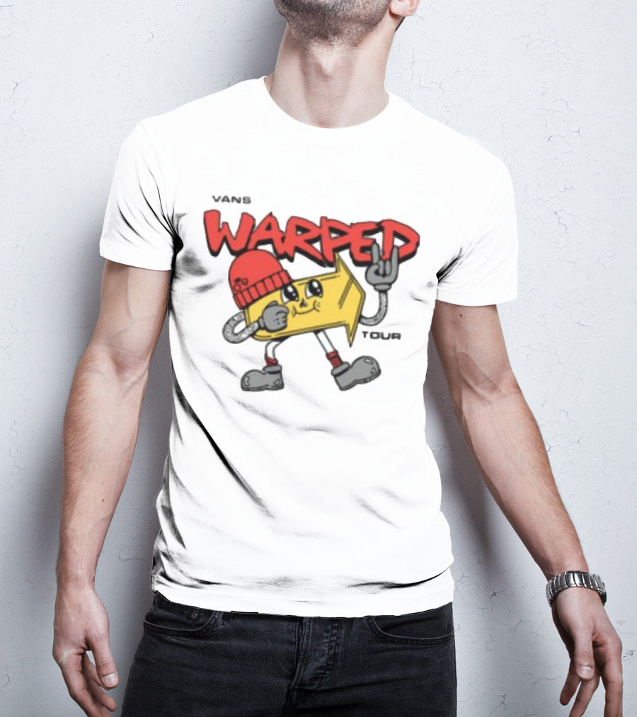 Vans Warped Tour Yellow Arrow Mascot With Red Beanie And Rock Gesture T-Shirt