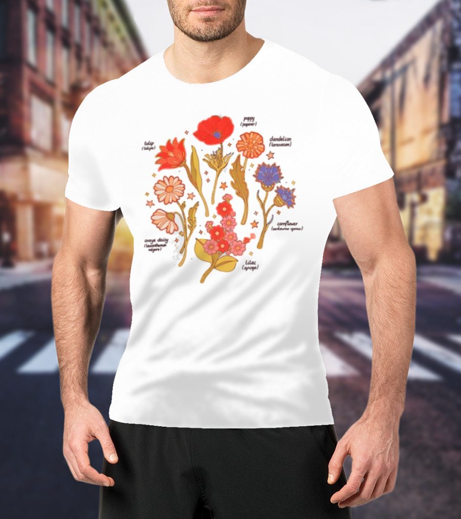 Botanical Revival Tulip Poppy Daisy Cosmos Lavender Floral Arrangement T-Shirt