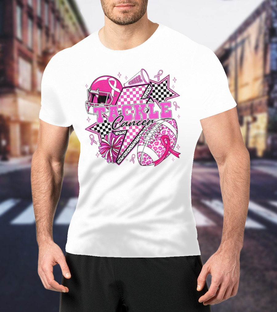 Pink Football Tackle Cancer Cheer Breast Cancer Awareness Ribbons T-Shirt